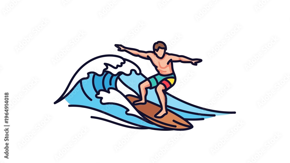 Fototapeta premium Surfing Man Riding Wave with Board at the Beach on White Background Illustration