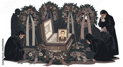 Grieving Family Mourns Loved One at Funeral with Open Casket and Wreaths