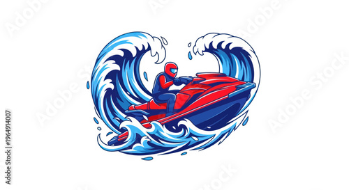 Jet ski rider speeding through ocean waves, action sport illustration