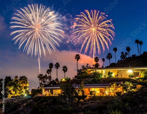 Two fireworks burst over a hillside home with palm trees under a twilight sky