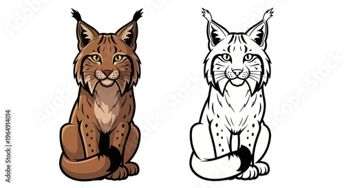 Lynx illustration: Full color and outline drawing of a wild cat sitting.