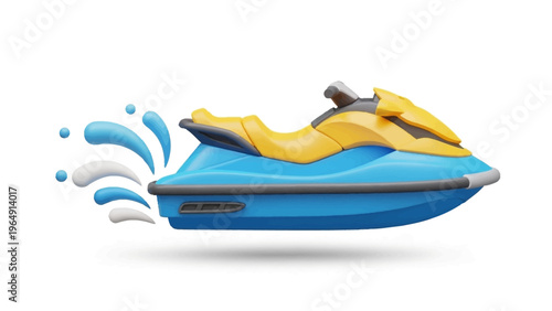 A dynamic blue and yellow jet ski gliding through turquoise water, leaving a trail of white splashes, symbolizing speed and aquatic adventure