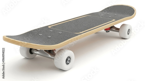 Modern wooden deck skateboard with white wheels, perfect for urban recreation, extreme sports, and youthful outdoor activities on an isolated background