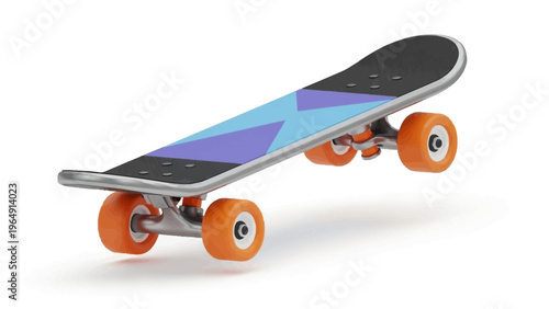 A colorful skateboard with orange wheels and a geometric design on the deck against a white background
