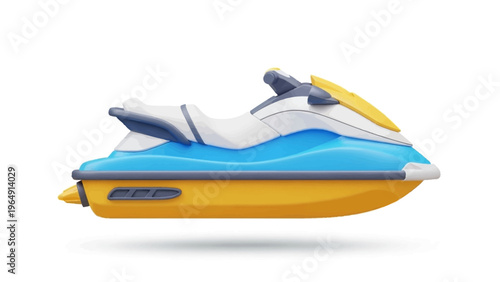 Dynamic 3D illustration of a sleek blue and yellow personal watercraft, perfect for summer adventures and exhilarating aquatic sports on the open water
