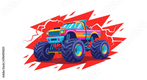 Retro Pixel Art Monster Truck with Colorful Stripes and Lightning Background