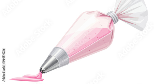 Pink frosting being piped from a pastry bag with a metal tip, isolated on white.