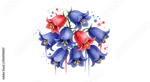 Watercolor Bluebells and Red Campanula Flowers with Splashes