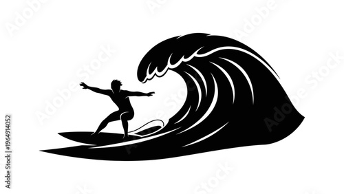 Dynamic silhouette of a male surfer skillfully riding a powerful ocean wave, capturing the thrilling essence of water sports and coastal adventure