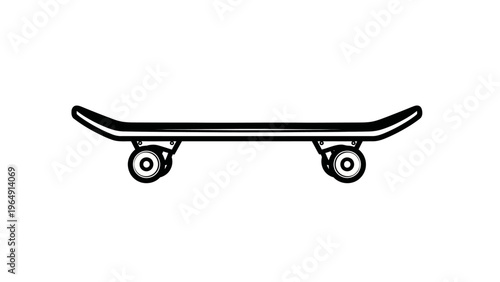 Simple minimalist line drawing of a skateboard, a popular piece of sports equipment for performing tricks and navigating urban environments