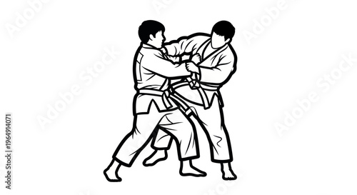 Two martial artists in judo uniforms grappling during a match, vector illustration
