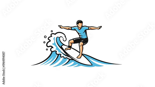 Dynamic cartoon illustration of a male surfer riding a powerful ocean wave, capturing the adventurous spirit of watersports and beach culture, perfect for summer themes