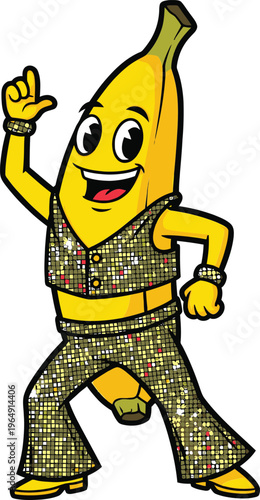 Dancing banana in disco outfit cartoon shiny outfit