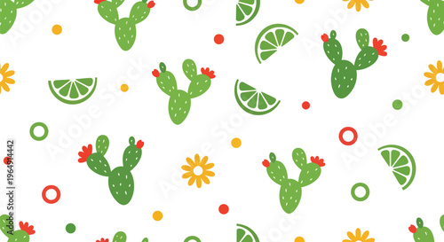 Cactus and Lime Seamless Vector Pattern with Summer Mexican Floral Elements on White