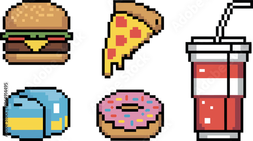 This mouth-watering set of six pixel art icons features popular fast food items and sugary snacks. 