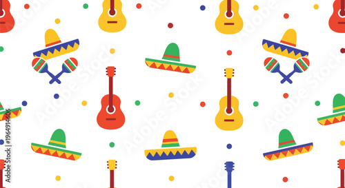 Mexican fiesta vector pattern with sombrero, guitar, maracas seamless colorful festive background