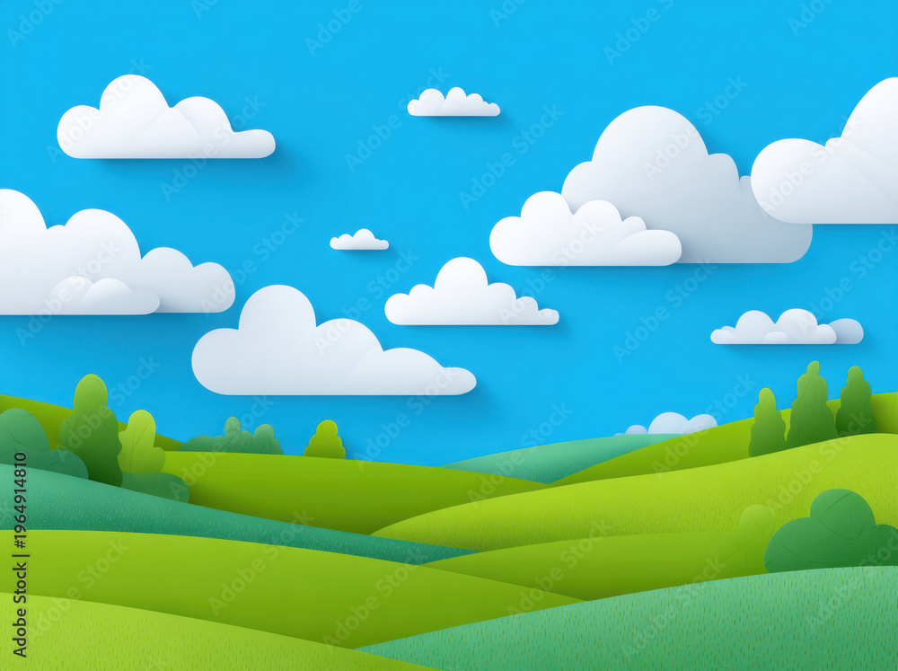 Fototapeta premium Vibrant landscape featuring rolling green hills under bright blue sky adorned with fluffy white clouds creates serene and cheerful atmosphere