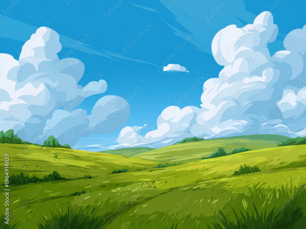 Fototapeta premium Vibrant landscape featuring green meadow under bright blue sky filled with fluffy white clouds. scene evokes sense of tranquility and natural beauty, perfect for outdoor themes