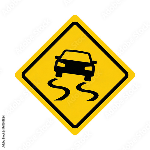 Slippery Road Sign, Caution Wet Surface, Skidding Car Icon, Yellow Warning Diamond