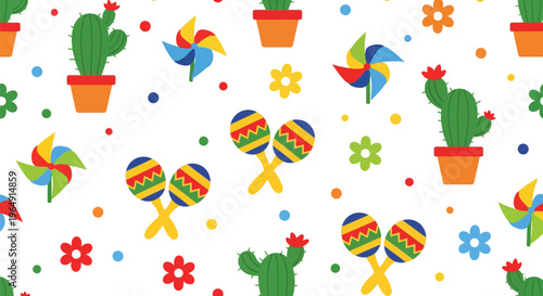 Mexican Fiesta Vector Pattern with Cactus, Maracas, Pinwheels and Colorful Flowers