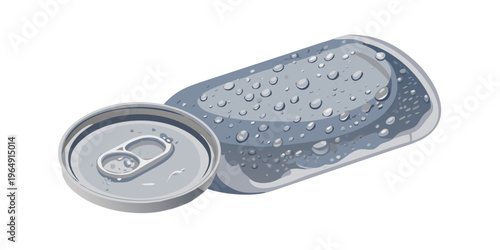 Opened aluminum beverage can with water droplets on its surface. Top view of a cold drink can with condensation.
