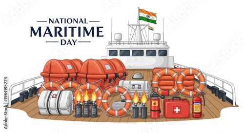 Illustration of a ship deck with safety equipment for National Maritime Day in India, featuring lifebuoys, first aid kit, and Indian flag waving.