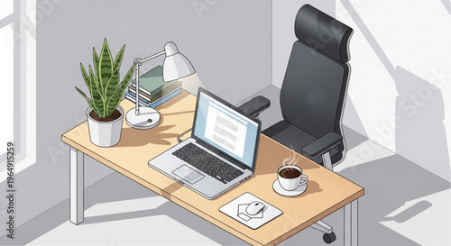 Modern home office workspace with laptop chair plant and coffee cup on wooden desk near window