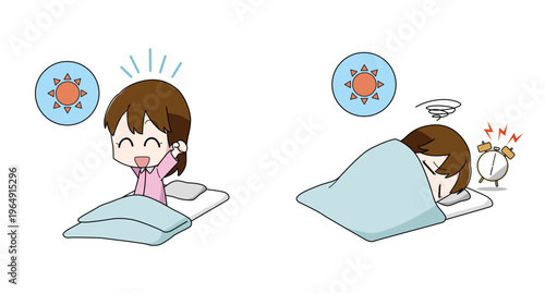 寝起きが良い・寝起きが悪いイラストのセット・女子