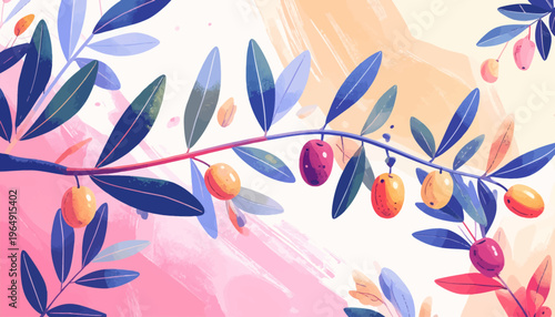 Vibrant illustration of a colorful branch with leaves and berries against an abstract background