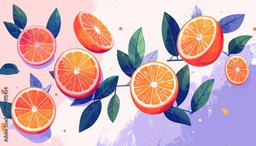 Vibrant oranges and leaves arranged on colorful background with slices