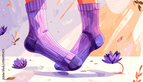 A person wearing purple socks runs playfully outdoors in a field of flowers on a sunny day.