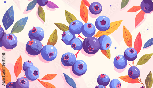 Vibrant blueberries and colorful leaves scattered on a soft surface