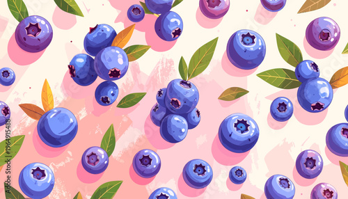 Vibrant blueberries and leaves scattered on a pink background with natural light
