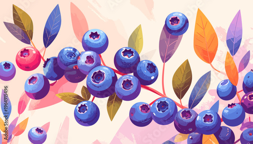 Vibrant blueberries and colorful leaves on a branch in a natural setting