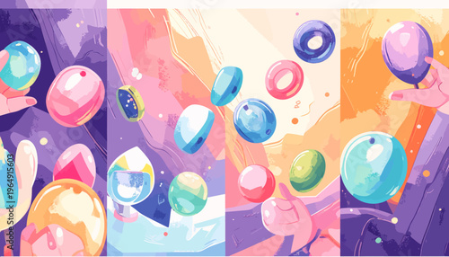 Vibrant colorful bubbles float through a whimsical fantasy landscape with abstract shapes.