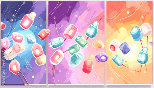 Colorful candy pieces fall from sky in vibrant three-panel illustration