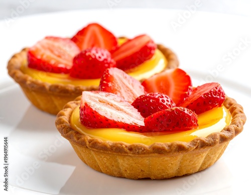 Two mini tarts with a custard filling, topped with fresh, ripe strawberry slices