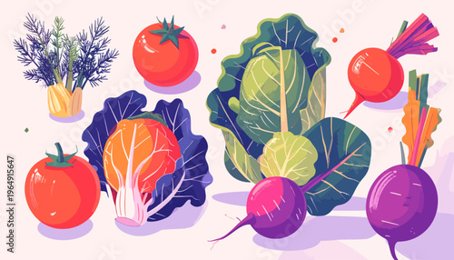 Vibrant vegetables and herbs are arranged on a table indoors.