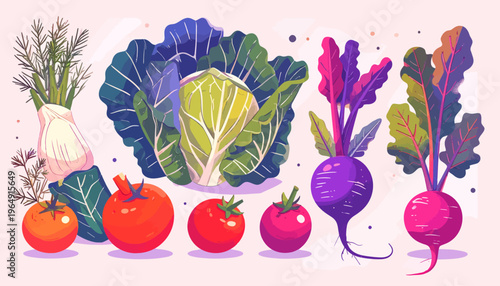 Fresh vegetables and fruits on display in a colorful illustration