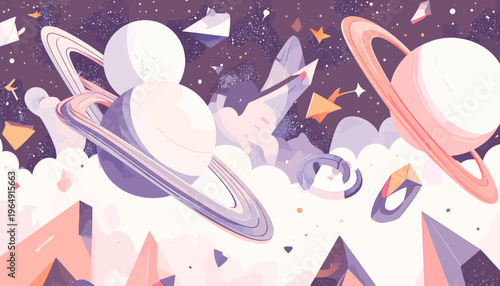 Planets and stars float in a colorful galaxy with rings and clouds