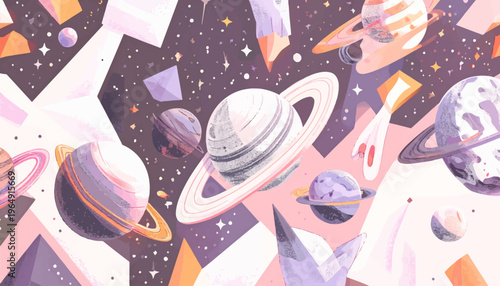 A vibrant abstract illustration depicts planets and geometric shapes floating in a colorful cosmic scene with stars and various celestial bodies.