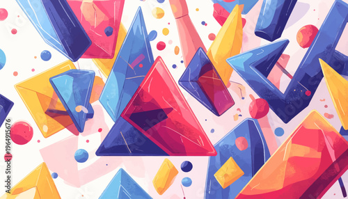 Vibrant geometric shapes float in a colorful abstract composition scene.