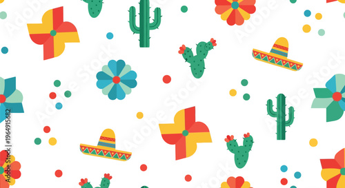 Mexican fiesta vector pattern with sombrero, cactus, pinwheel, and floral seamless design