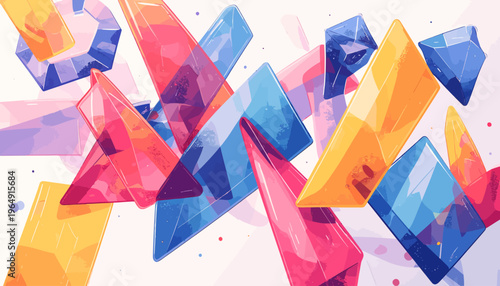 Vibrant crystals float in mid-air, showcasing geometric shapes and colors.