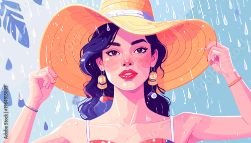 Woman wearing a large yellow hat and earrings standing in the rain with raindrops falling around her.