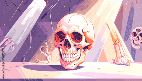A colorful illustration of a skull surrounded by scientific equipment on a lab table indoors.