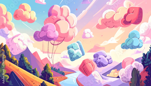 Vibrant colorful clouds float gently above a serene mountain landscape with trees and a winding river on a sunny day.