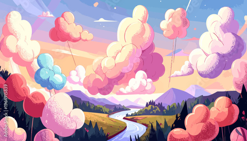 A serene landscape with fluffy colorful clouds floating above a winding river and mountain range at sunset.