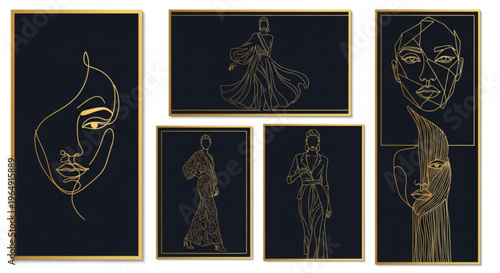 Set of gold line art portraits on black background with gold frames abstract faces and figures in minimalist style