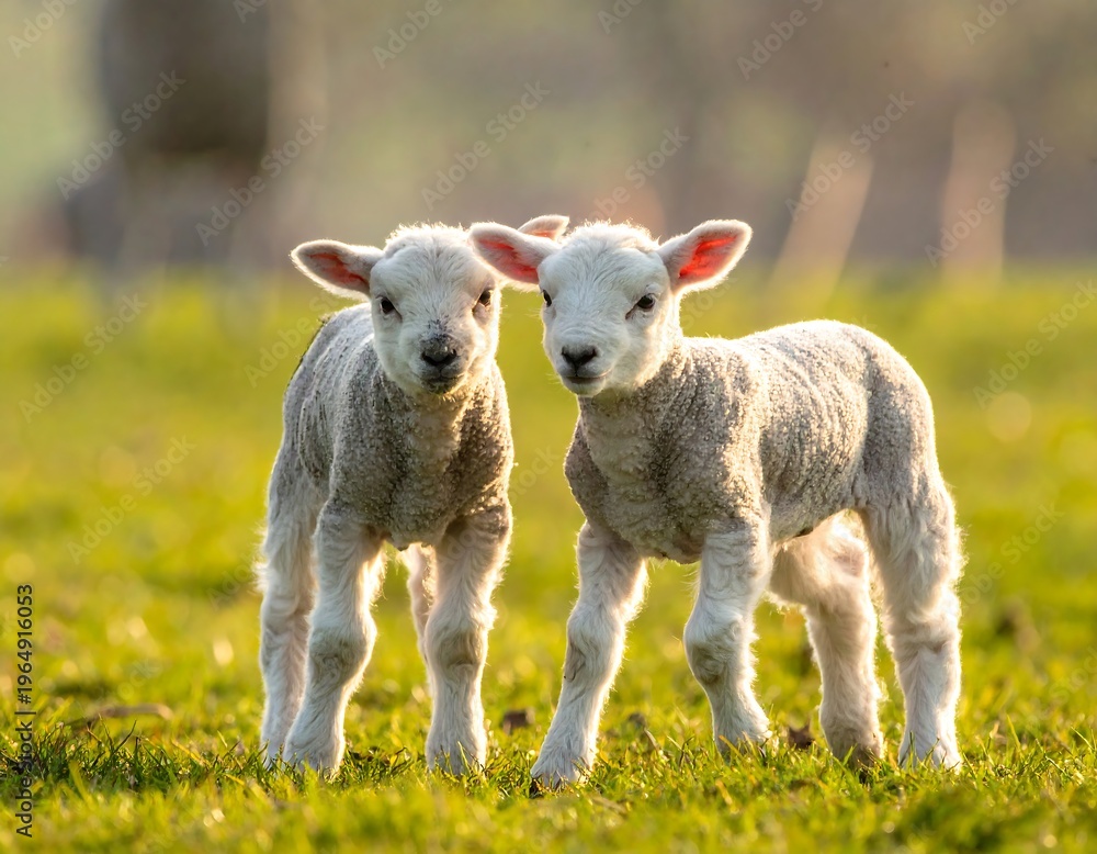 Obraz premium Two fluffy lambs standing closely in a sunny, vibrant green field, looking directly at the viewer